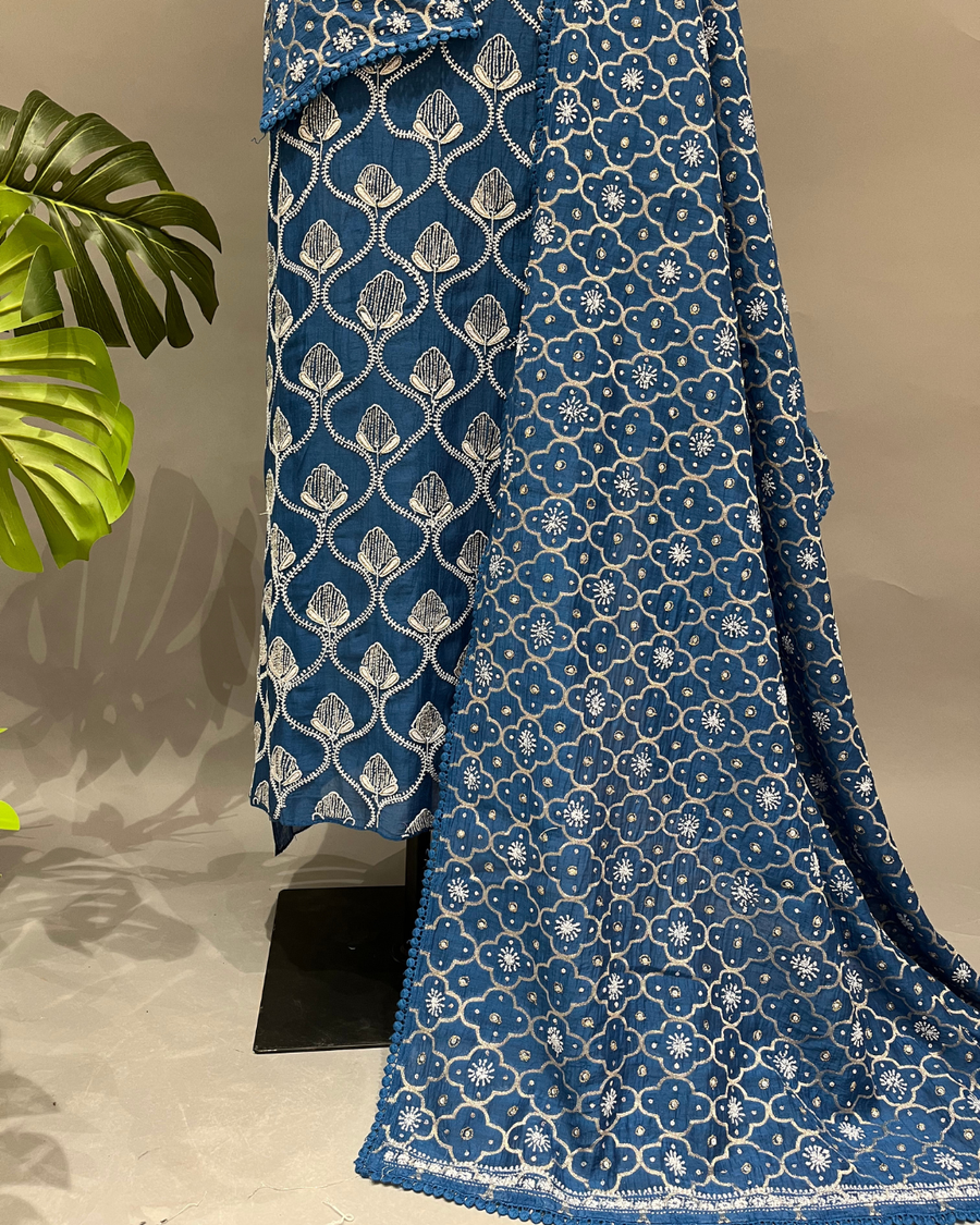Mul Chanderi Chikankari Suit Set - Midnight Blue