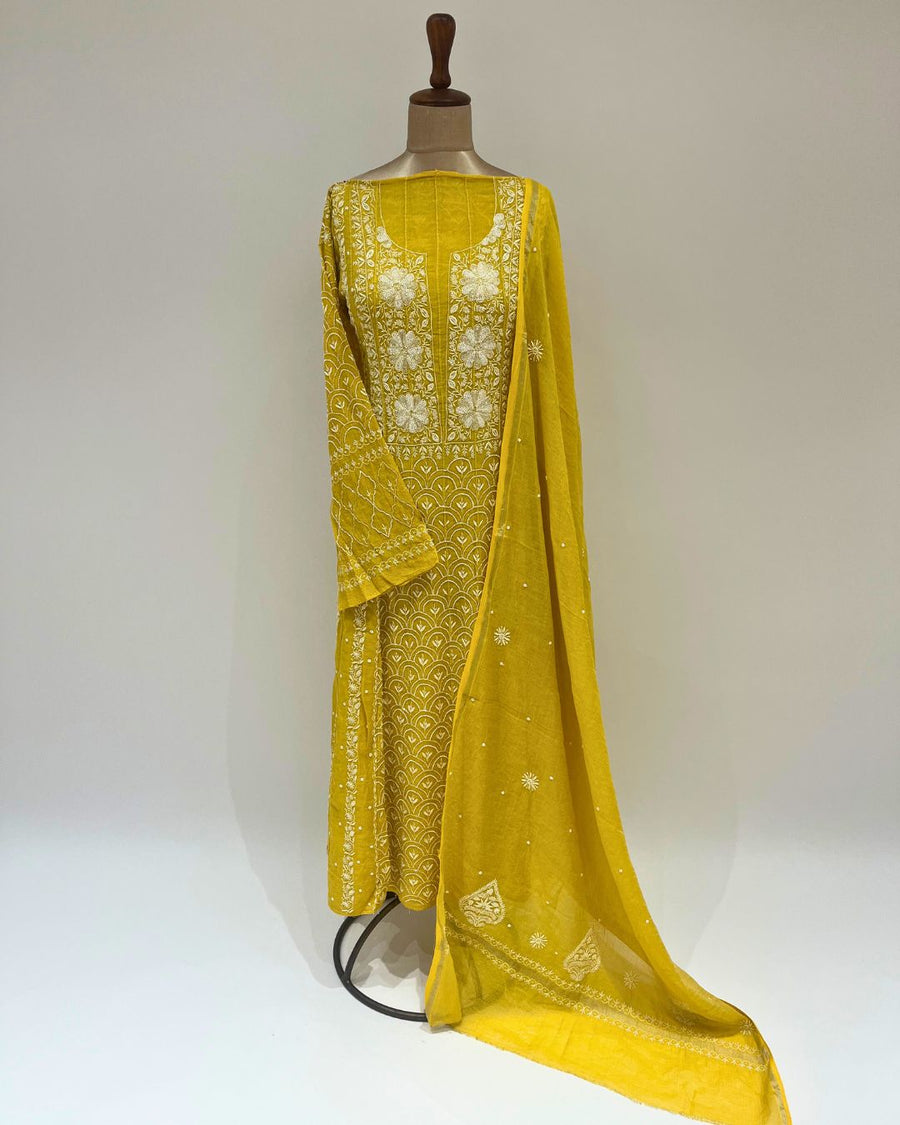 Tissue Chikankari Unstitched Anarkali - Daffodil Yellow