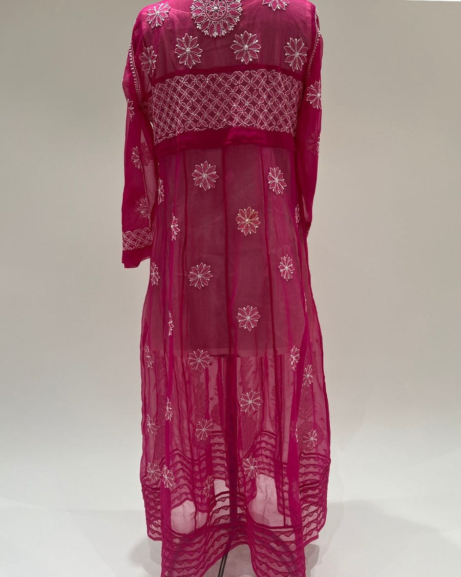 Georgette Anarkali Chikankari Kurta- Magenta Rose
