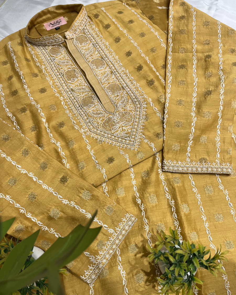 Chanderi Banarsi Chikankari Men's Kurta - Goldenrod