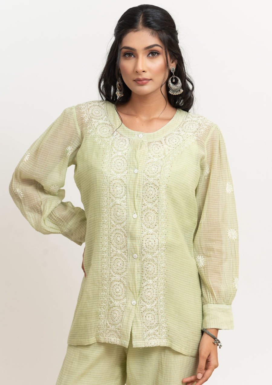 Mul chanderi Chikankari coord set - Soft Green