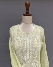 Chanderi Chikankari Co-ord Set - Neon Green