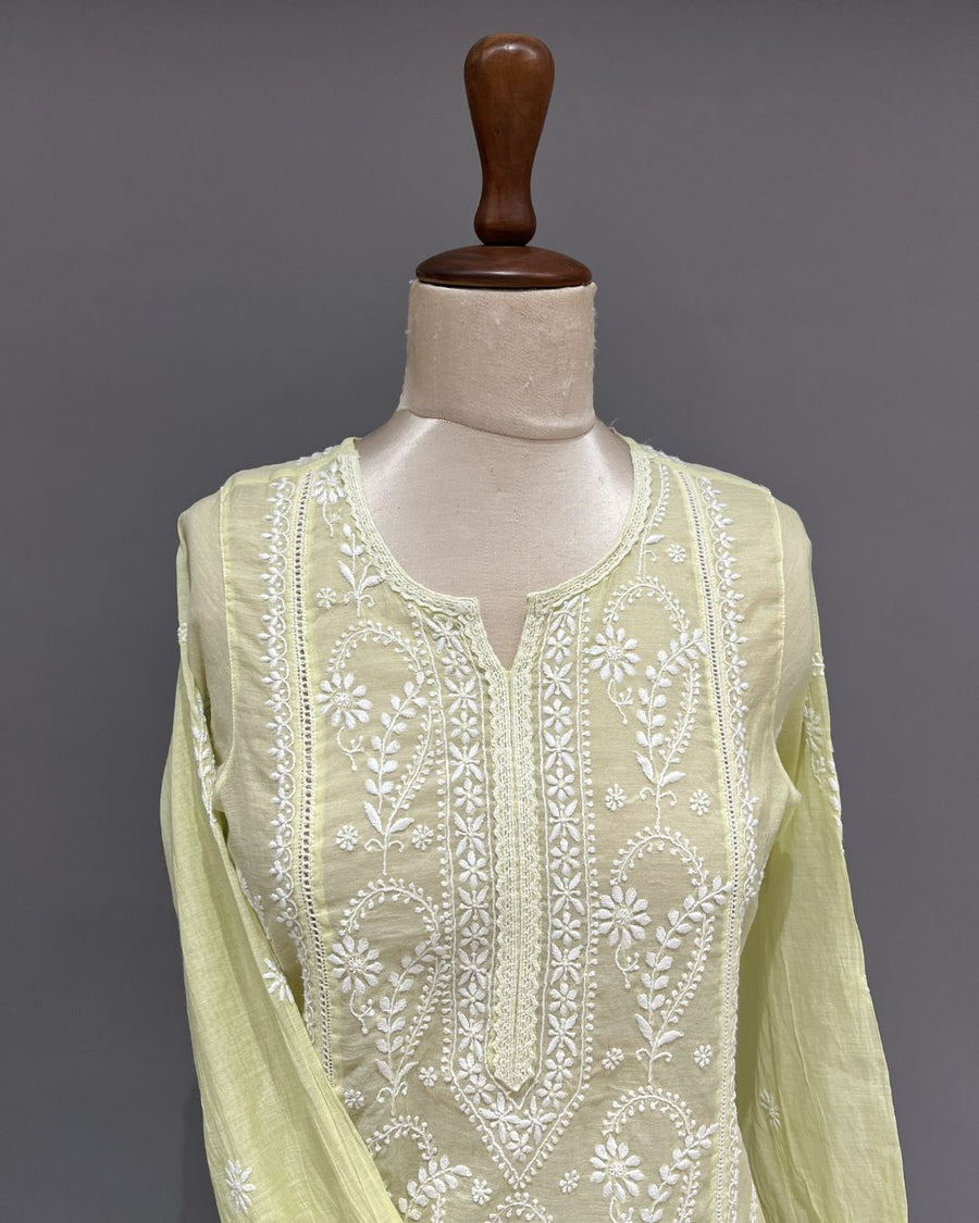 Chanderi Chikankari Co-ord Set - Neon Green