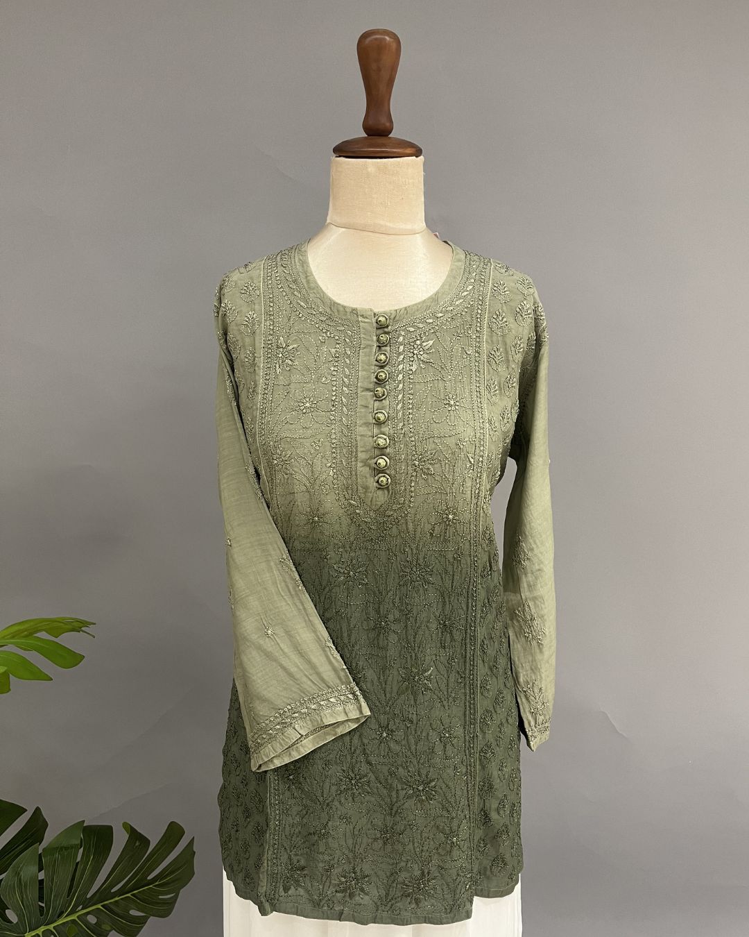 Muslin Chikankari Short Kurti - Olive Green