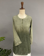 Muslin Chikankari Short Kurti - Olive Green