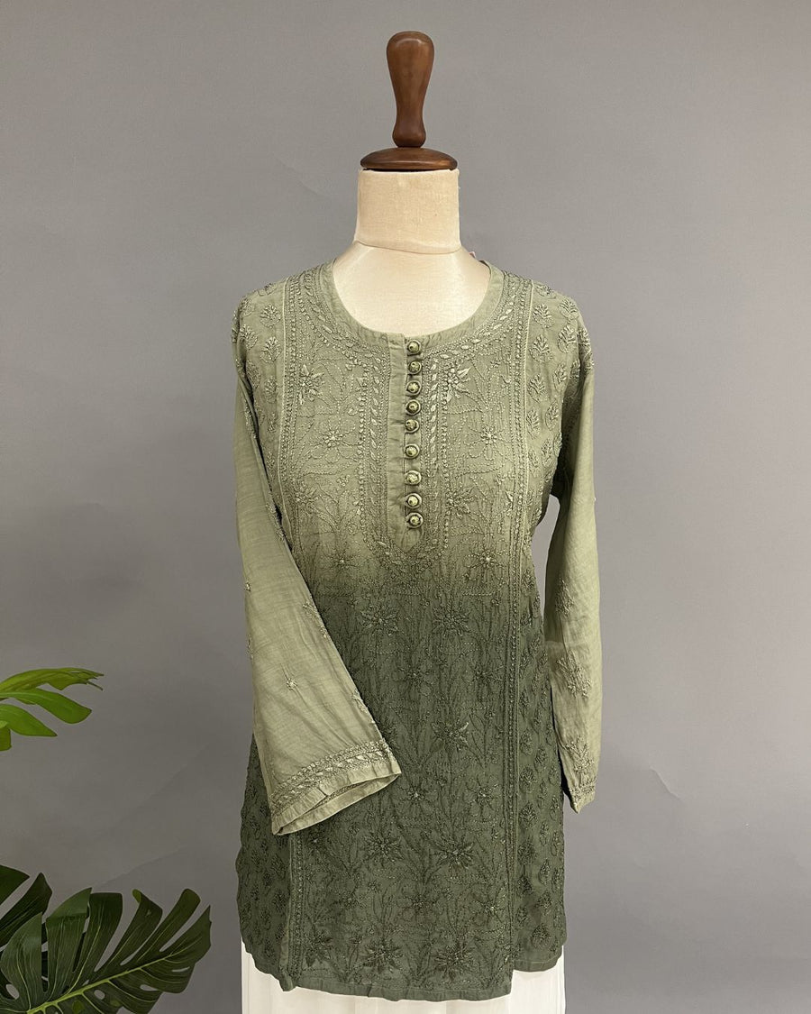 Muslin Chikankari Short Kurti - Olive Green