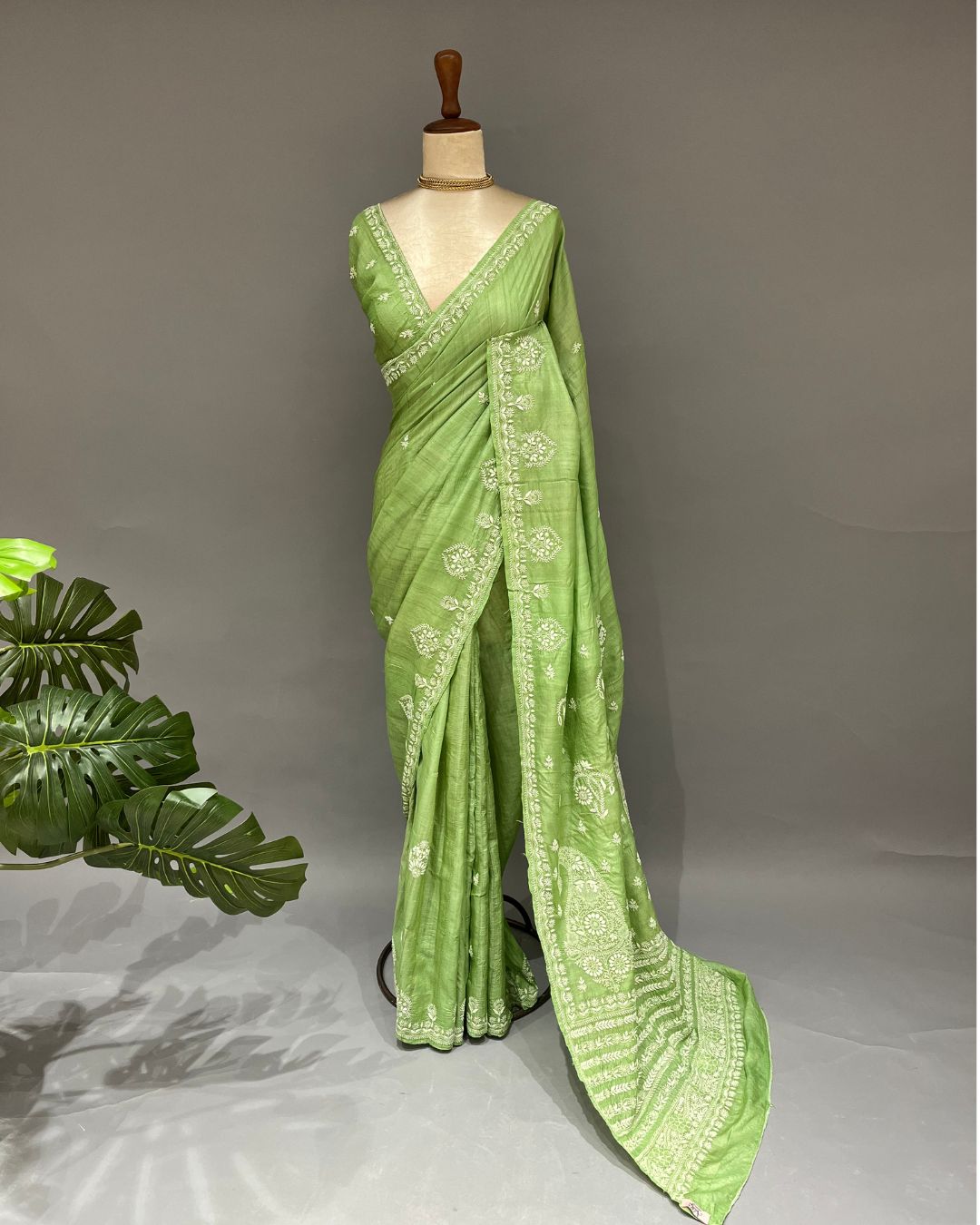 Tussar Silk Chikankari Saree - Limerick Green