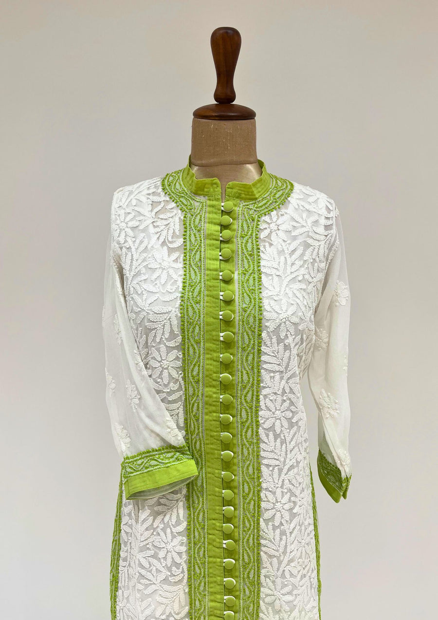 Georgette Chikankari Long Kurti - White and Green