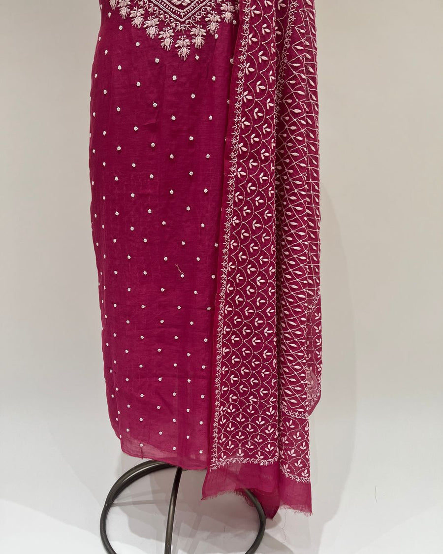 Mul Chikankari Unstitched 2pc Suit - Fuchsia Pink