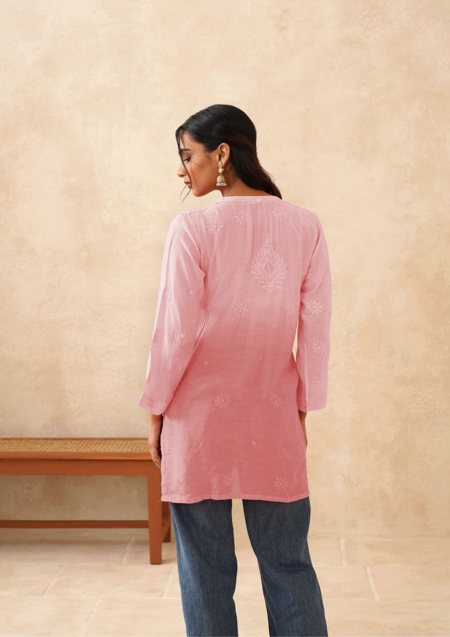 Muslin Chikankri Short Kurti - Ombre Flushing Pink