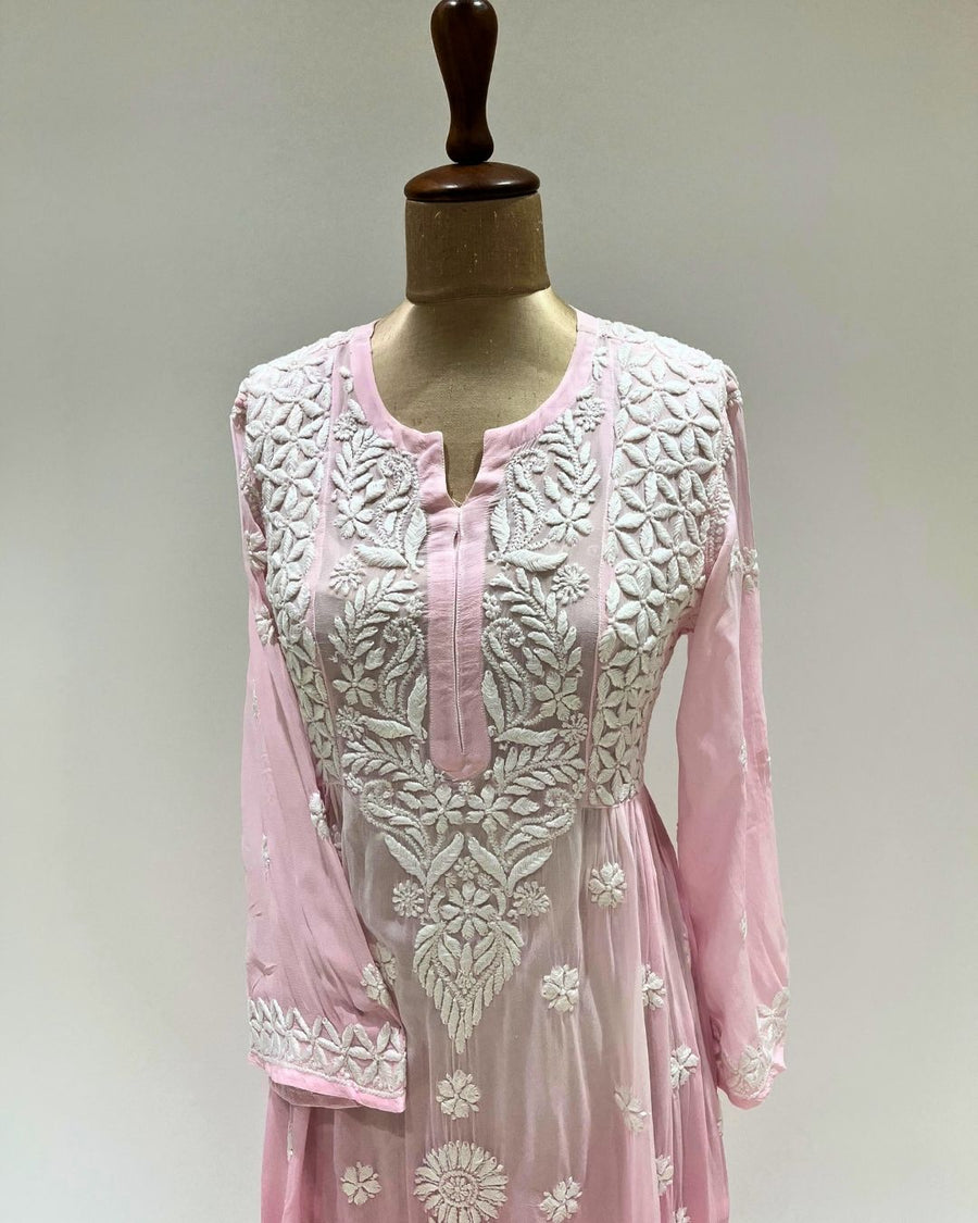 Viscose Anarkali Chikankari Kurta - Bubblegum Pink