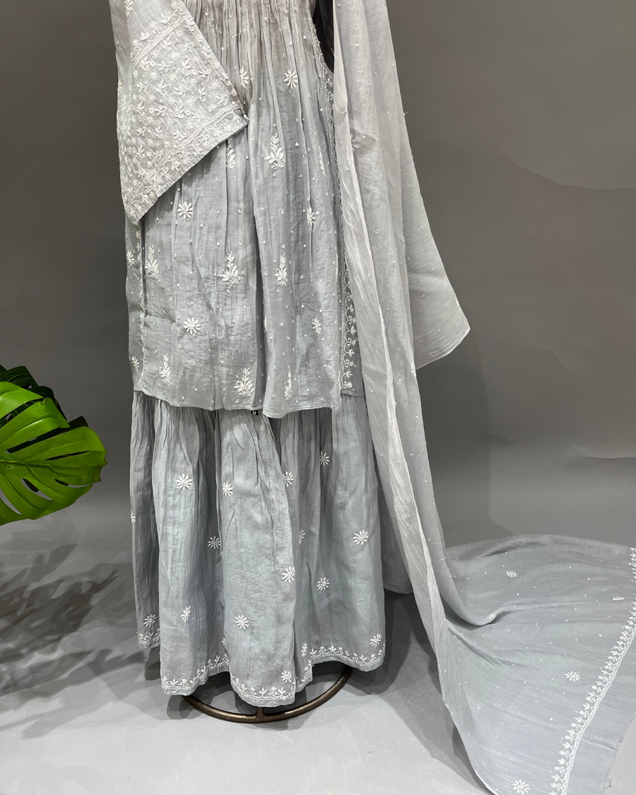 Mul Chikankari Sharara Set - Greyish Blue