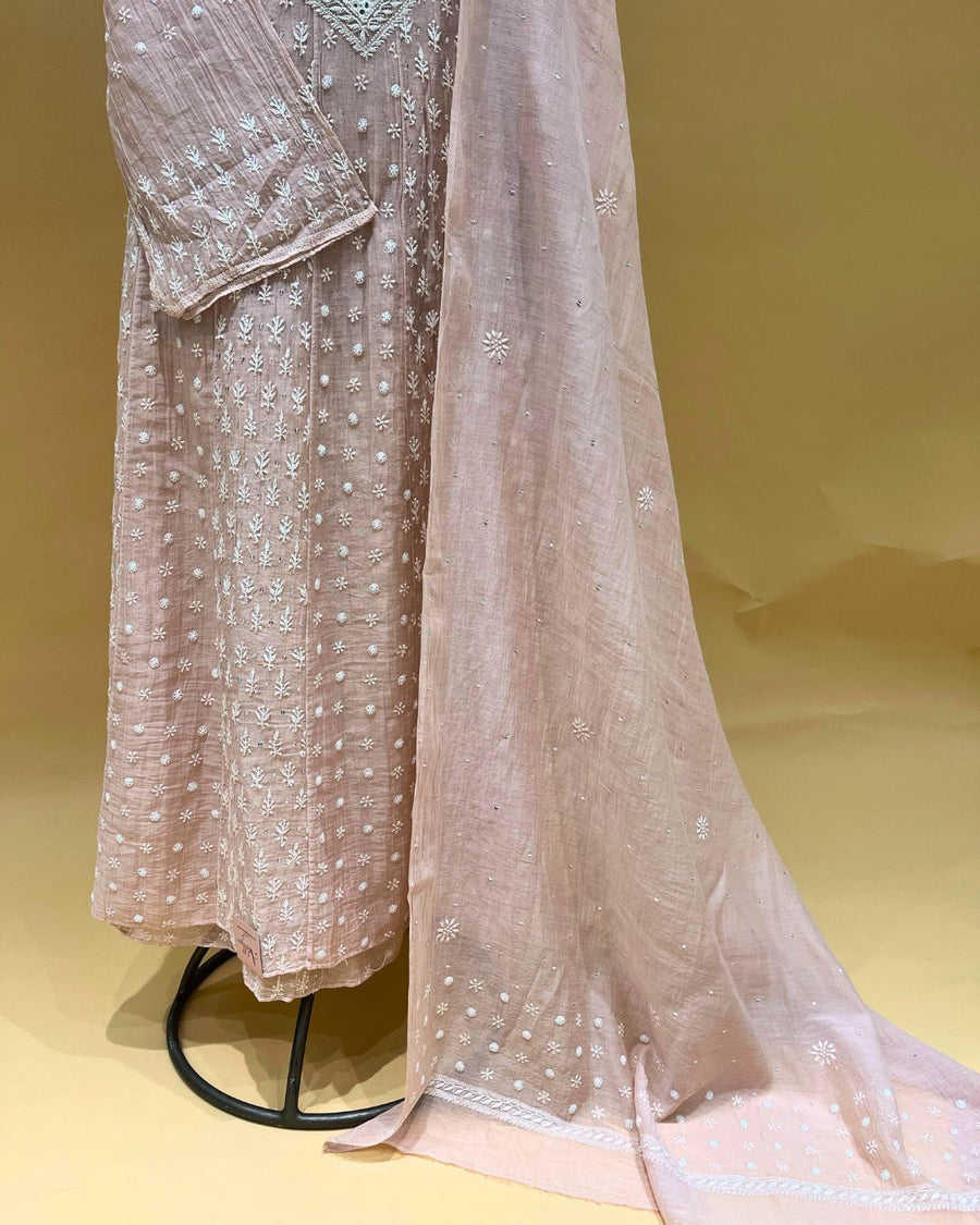 Mul Chikankari Unstitched Anarkali - Nude Pink