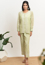 Mul chanderi Chikankari coord set - Soft Green