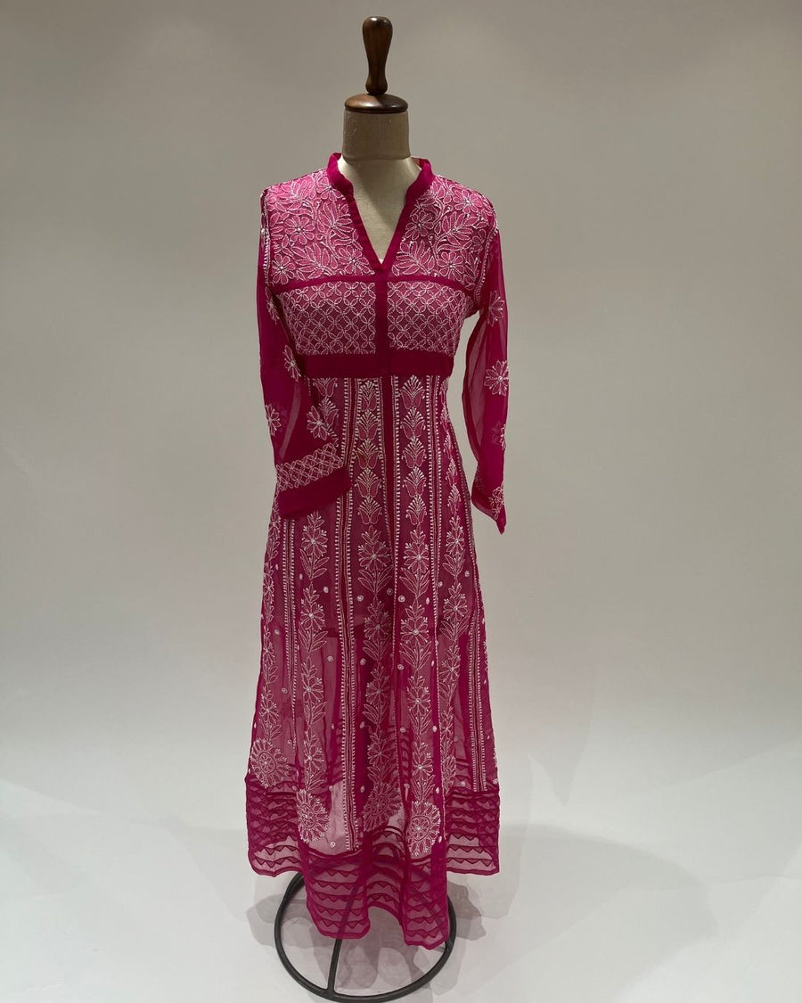 Georgette Anarkali Chikankari Kurta- Magenta Rose