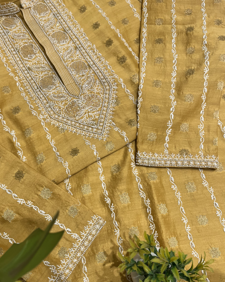 Chanderi Banarsi Chikankari Men's Kurta - Goldenrod
