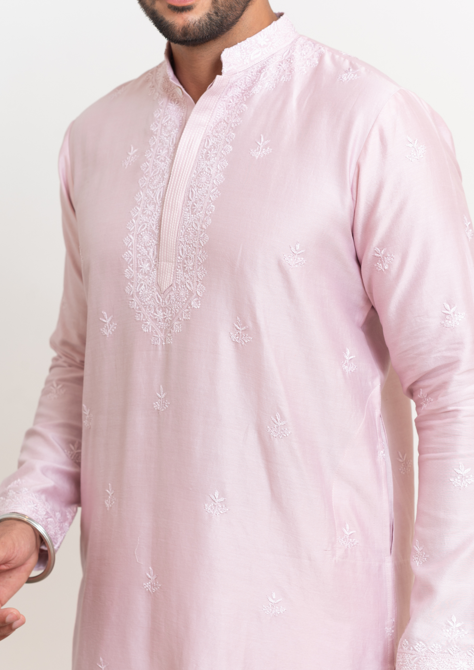 Chanderi Chikankari Men's Kurta - Light Mauve