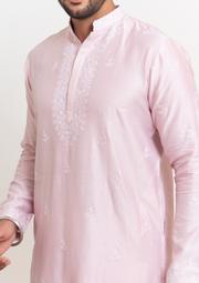 Chanderi Chikankari Men's Kurta - Light Mauve