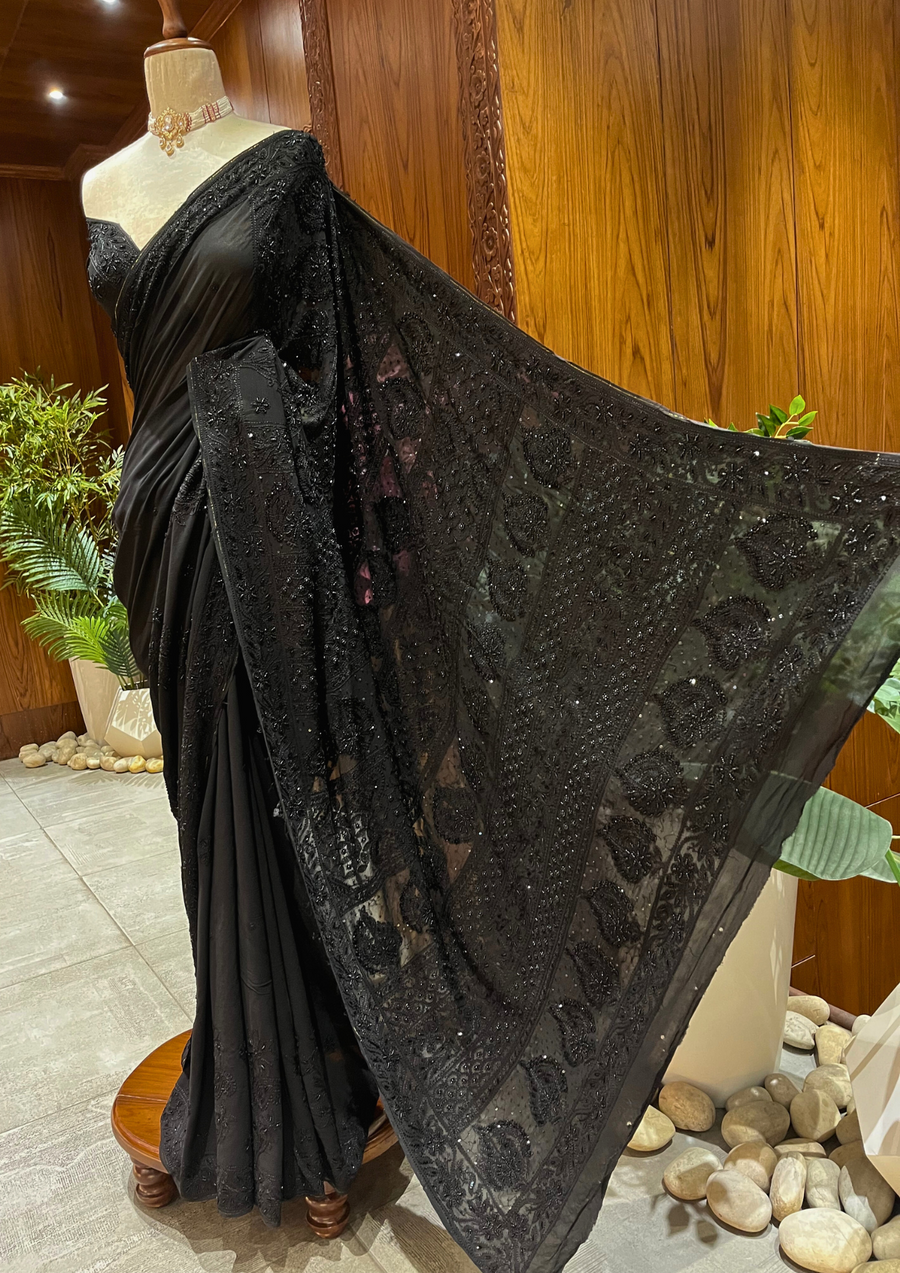Chikankari Vescouse Saree - Black