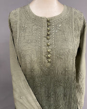 Muslin Chikankari Short Kurti - Olive Green