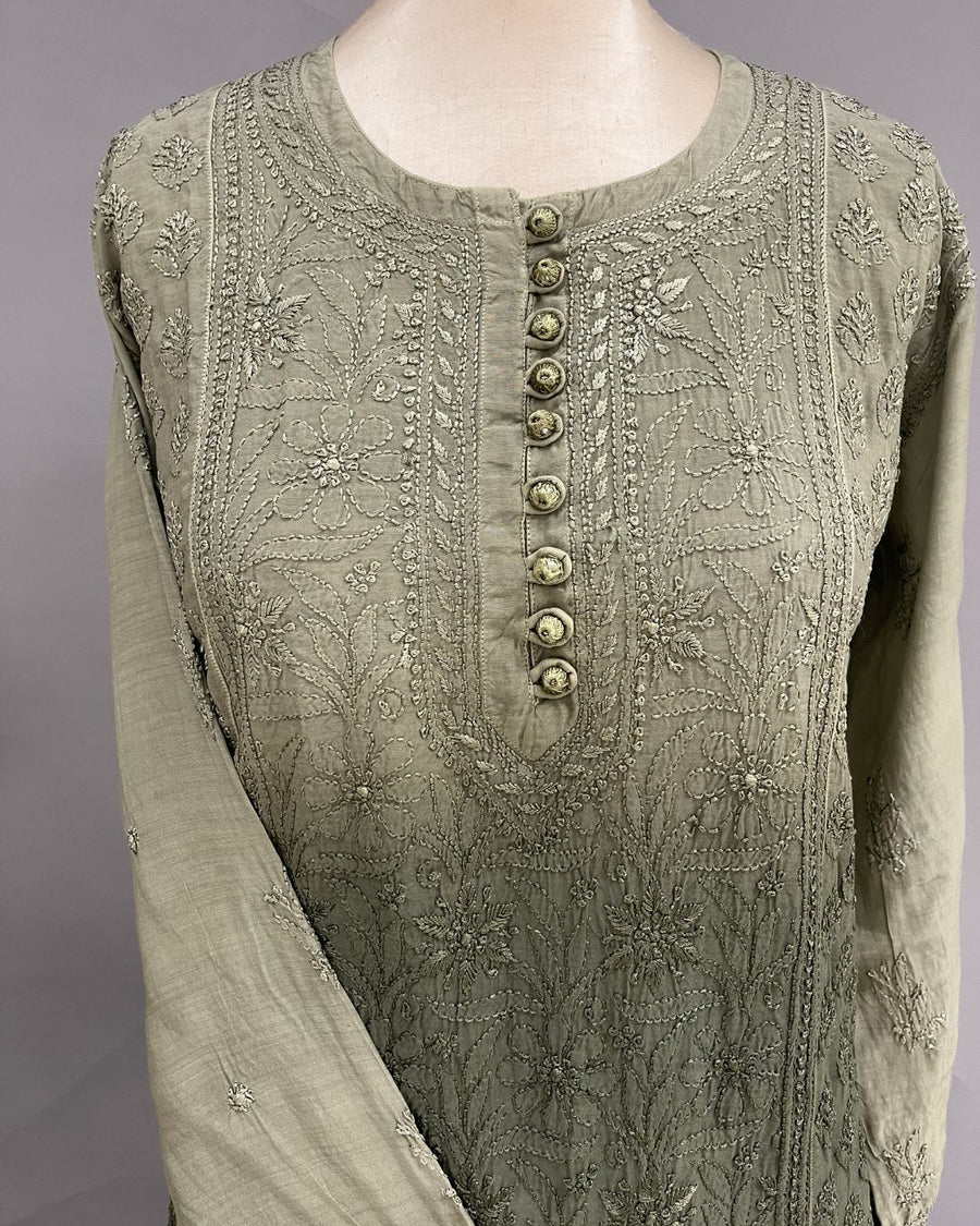 Muslin Chikankari Short Kurti - Olive Green
