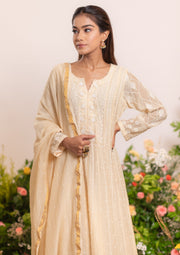 Mul Chanderi Chikankari Anarkali - Beige