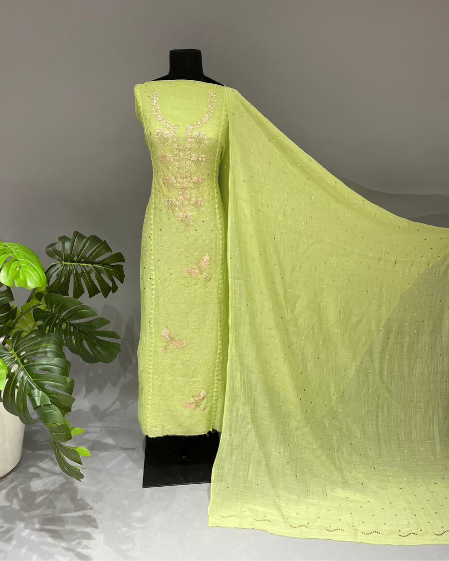 Mul Chanderi Muqaish Work Suit Set - Neon Green