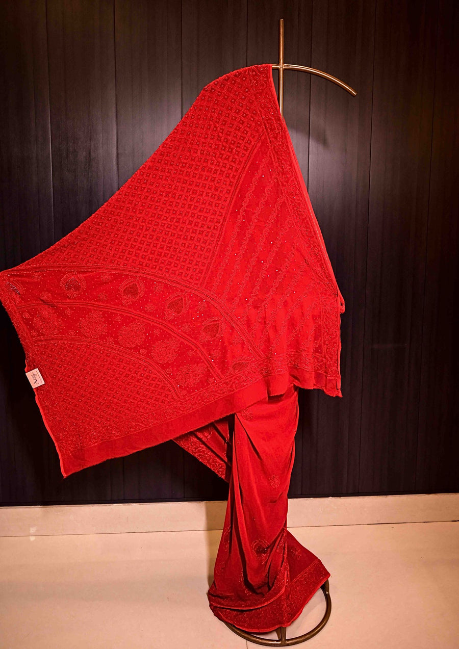 Georgette Chikankari Saree in Red - sc2423544