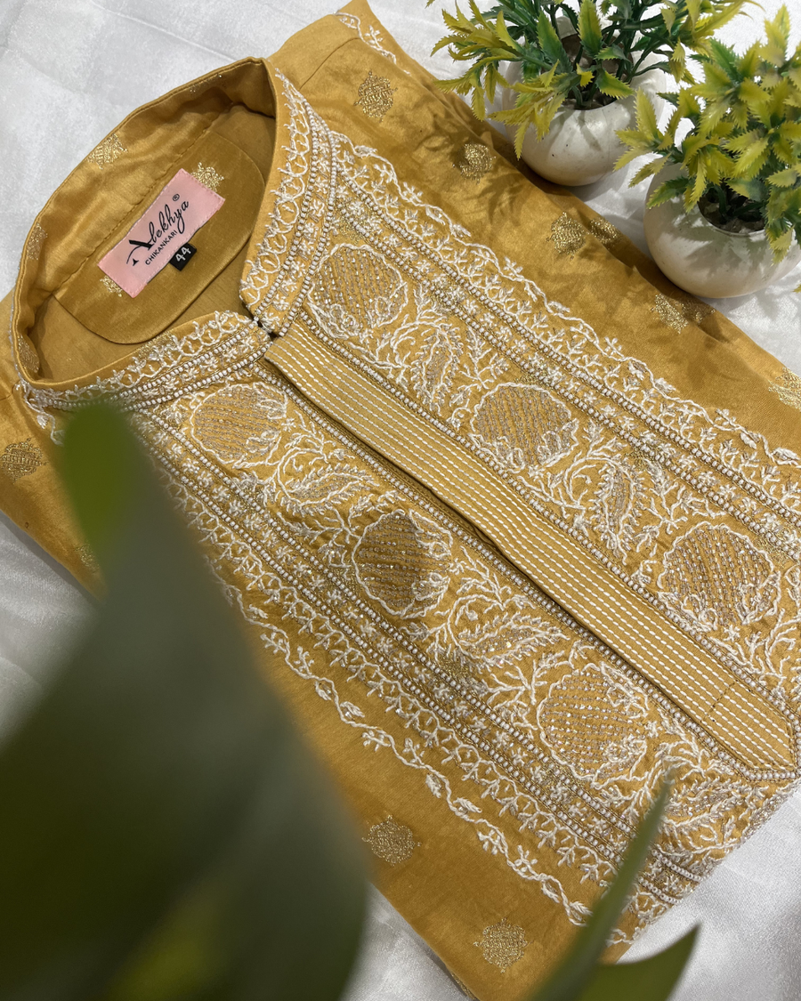 Chanderi Banarsi Chikankari Men's Kurta - Goldenrod