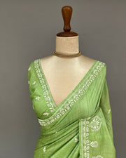 Tussar Silk Chikankari Saree - Limerick Green