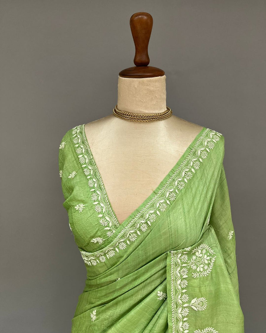 Tussar Silk Chikankari Saree - Limerick Green