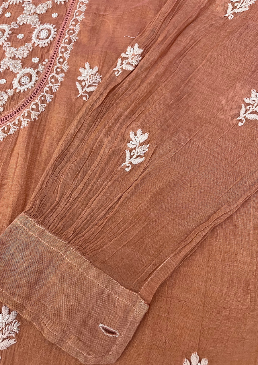 Chikankari Semistitched Tissue Co-ord Set -Caramel Brown