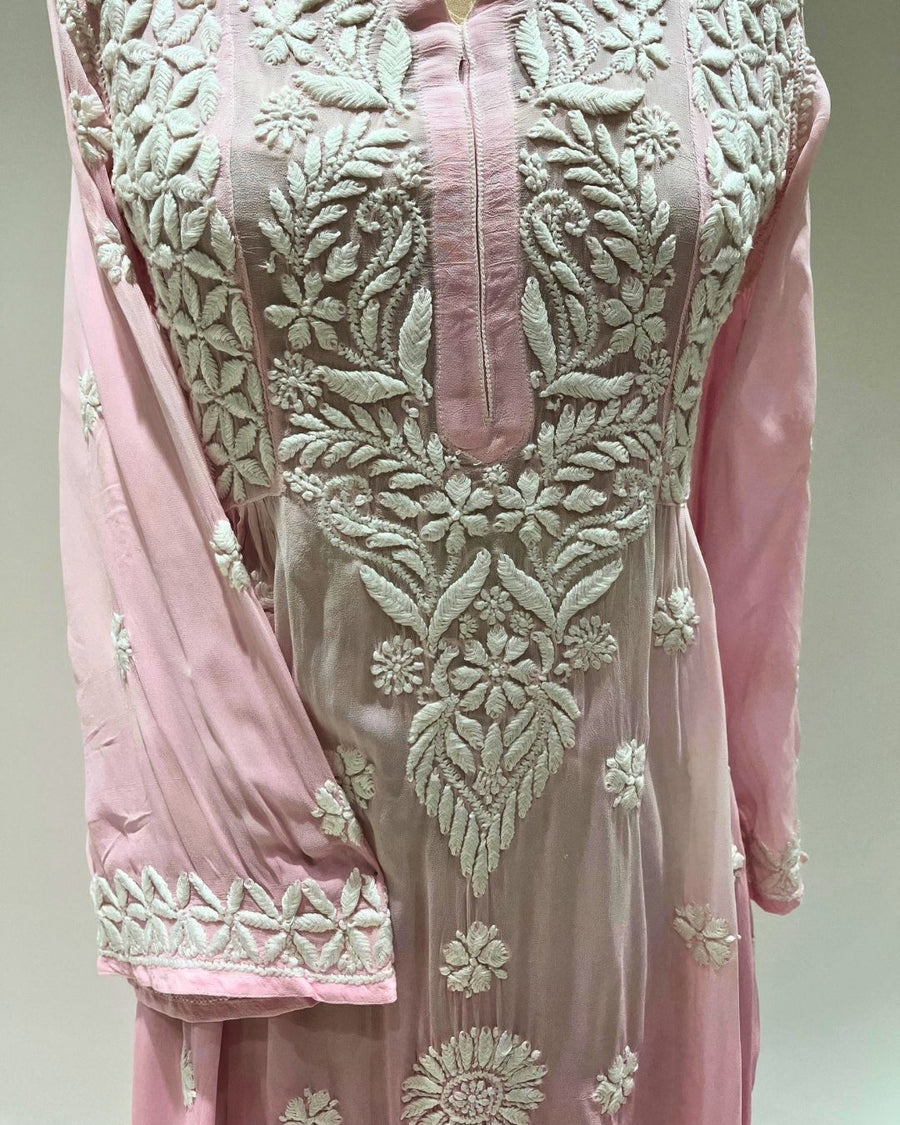 Viscose Anarkali Chikankari Kurta - Bubblegum Pink