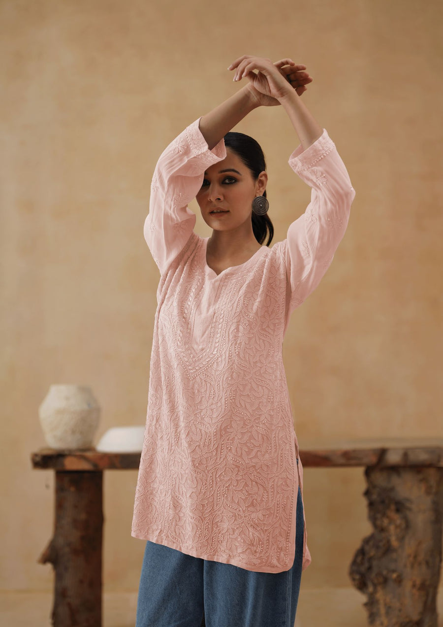Muslin Chikankri Short kurti Jaal - Baby Pink