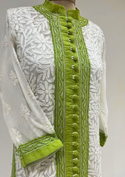 Georgette Chikankari Long Kurti - White and Green