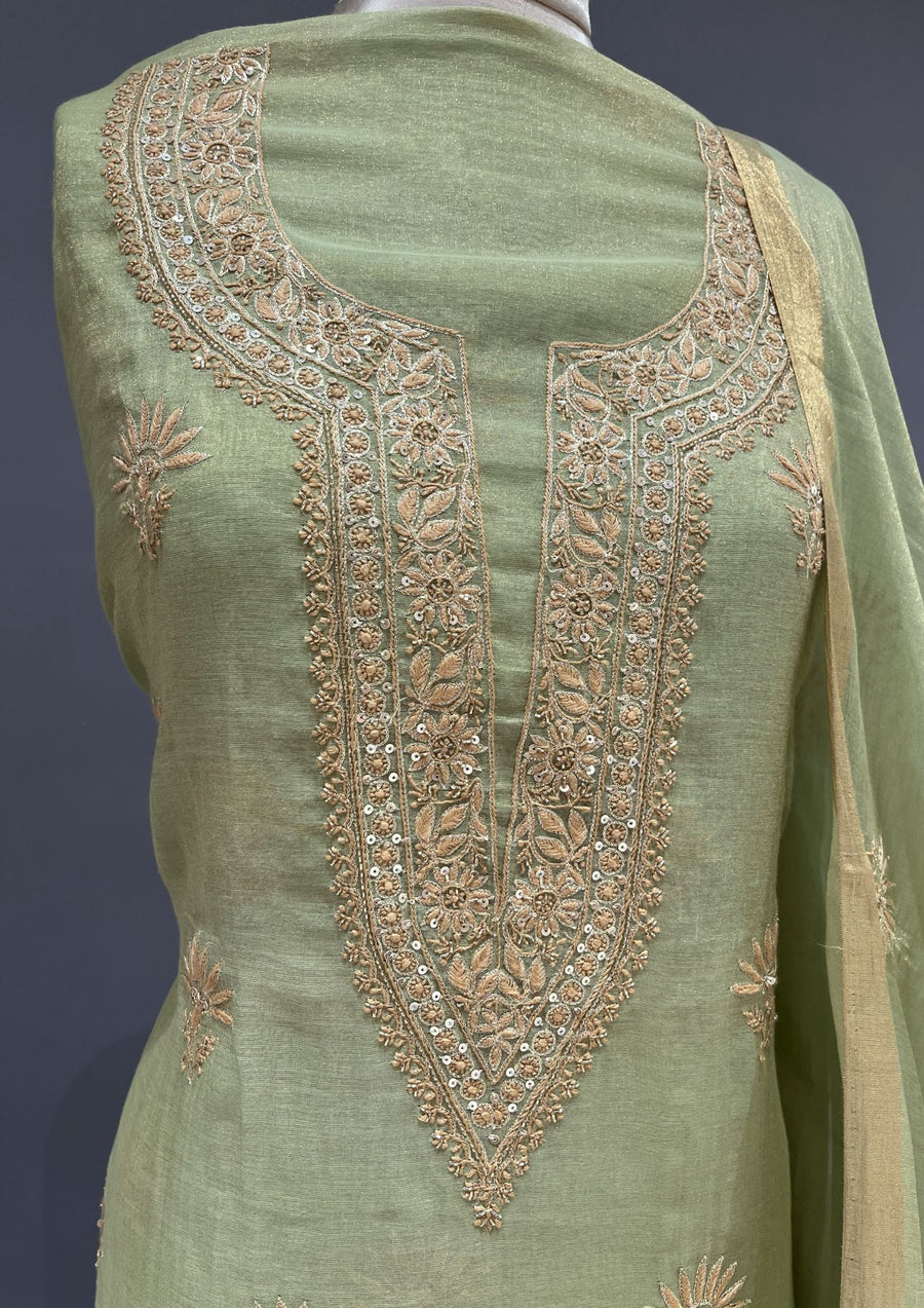 Tissue Chikankari Unstitch 2pc Suit - Sage Green