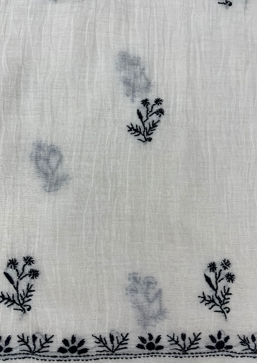Chikankari Mul Chanderi Unstitched Suit - White and Black