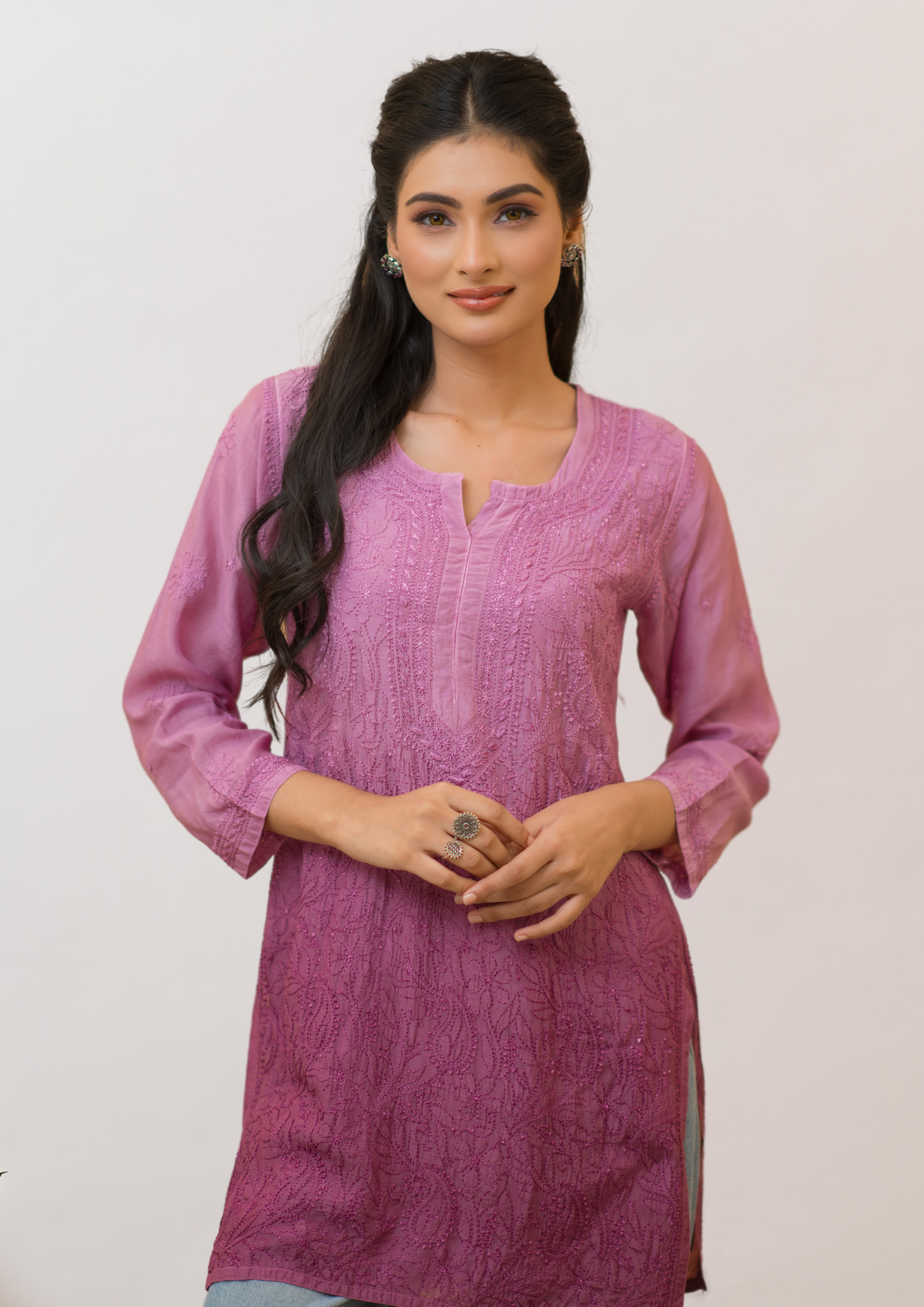 Muslin Chikankari Short Kurta - Purple ombre