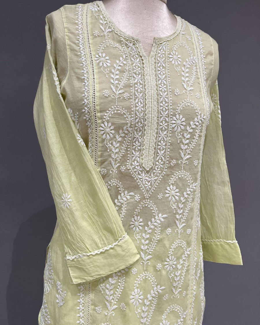 Chanderi Chikankari Co-ord Set - Neon Green
