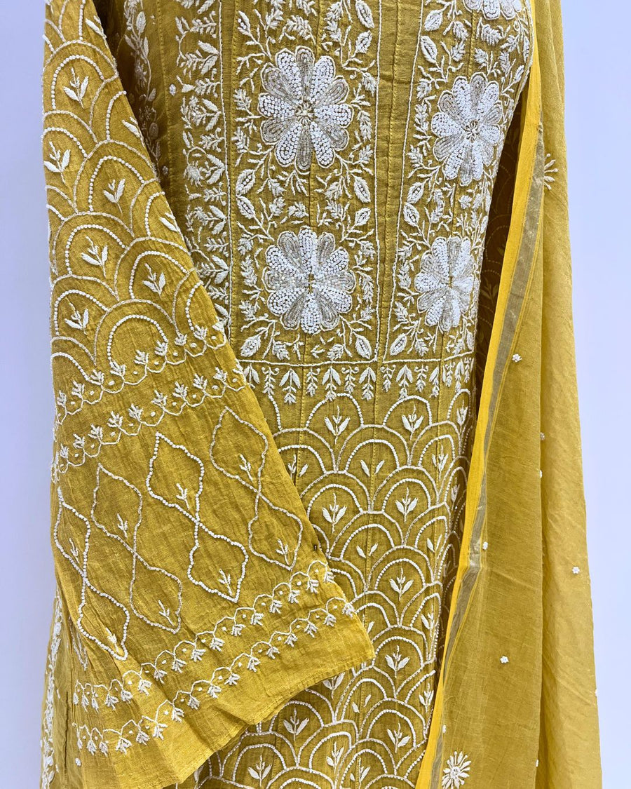 Tissue Chikankari Unstitched Anarkali - Daffodil Yellow