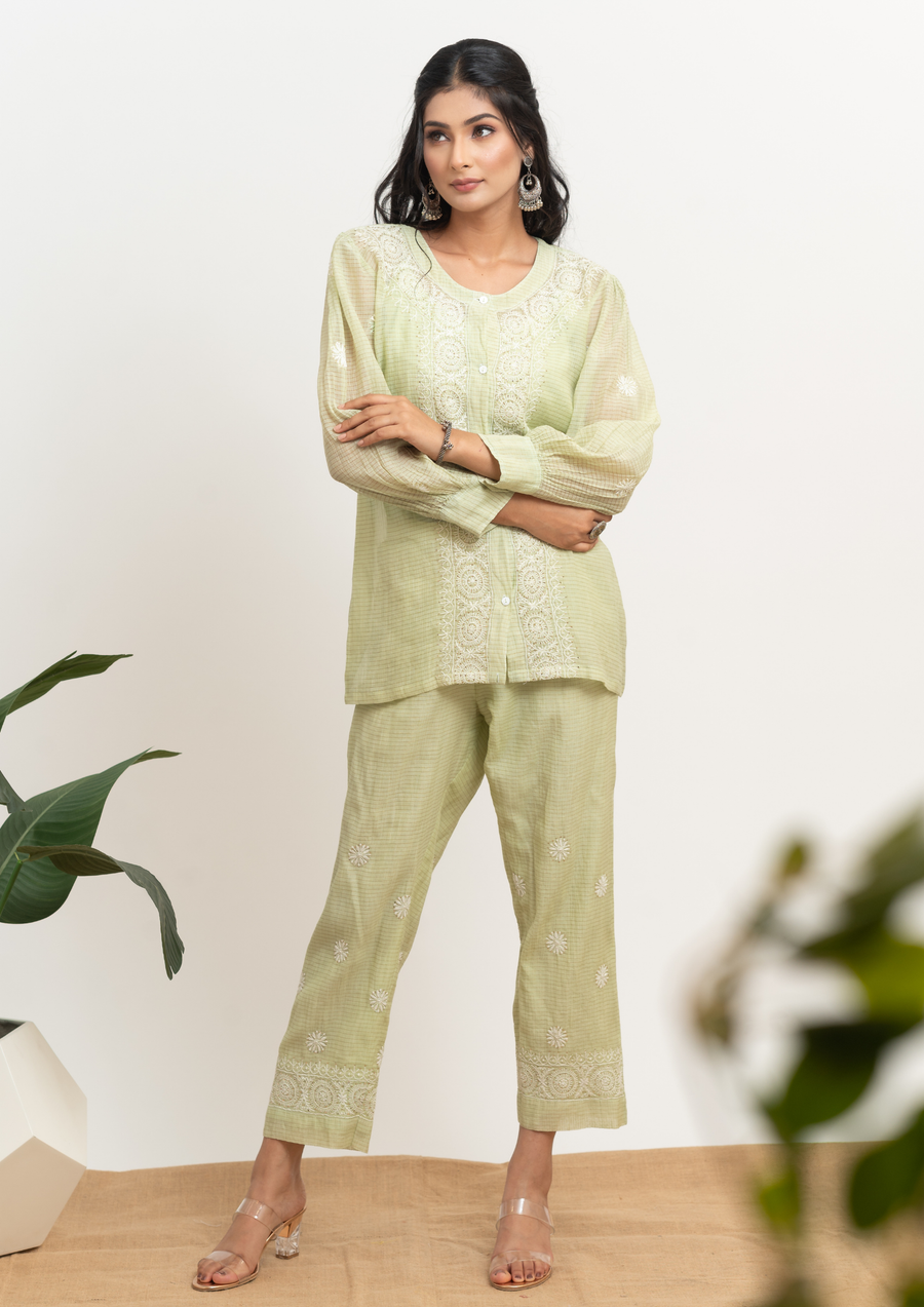 Mul chanderi Chikankari coord set - Soft Green