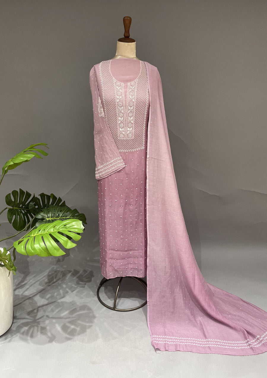 Mul Chanderi Chikankari Unstitch 2pc Suit - Heather Mauve