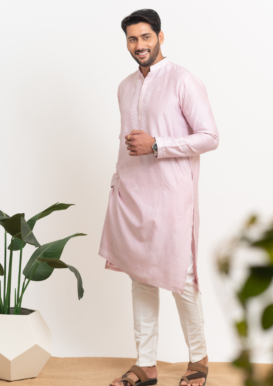 Chanderi Chikankari Men's Kurta - Light Mauve