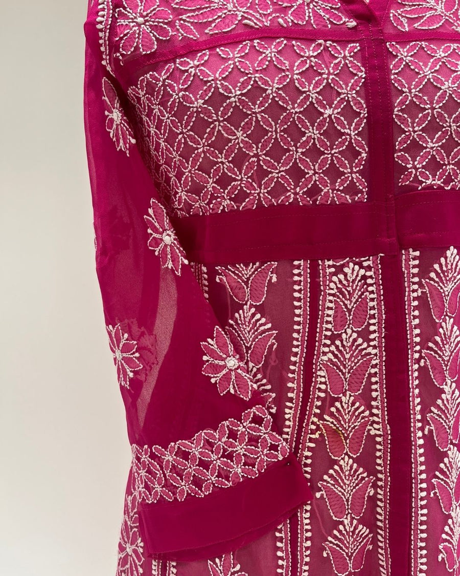 Georgette Anarkali Chikankari Kurta- Magenta Rose