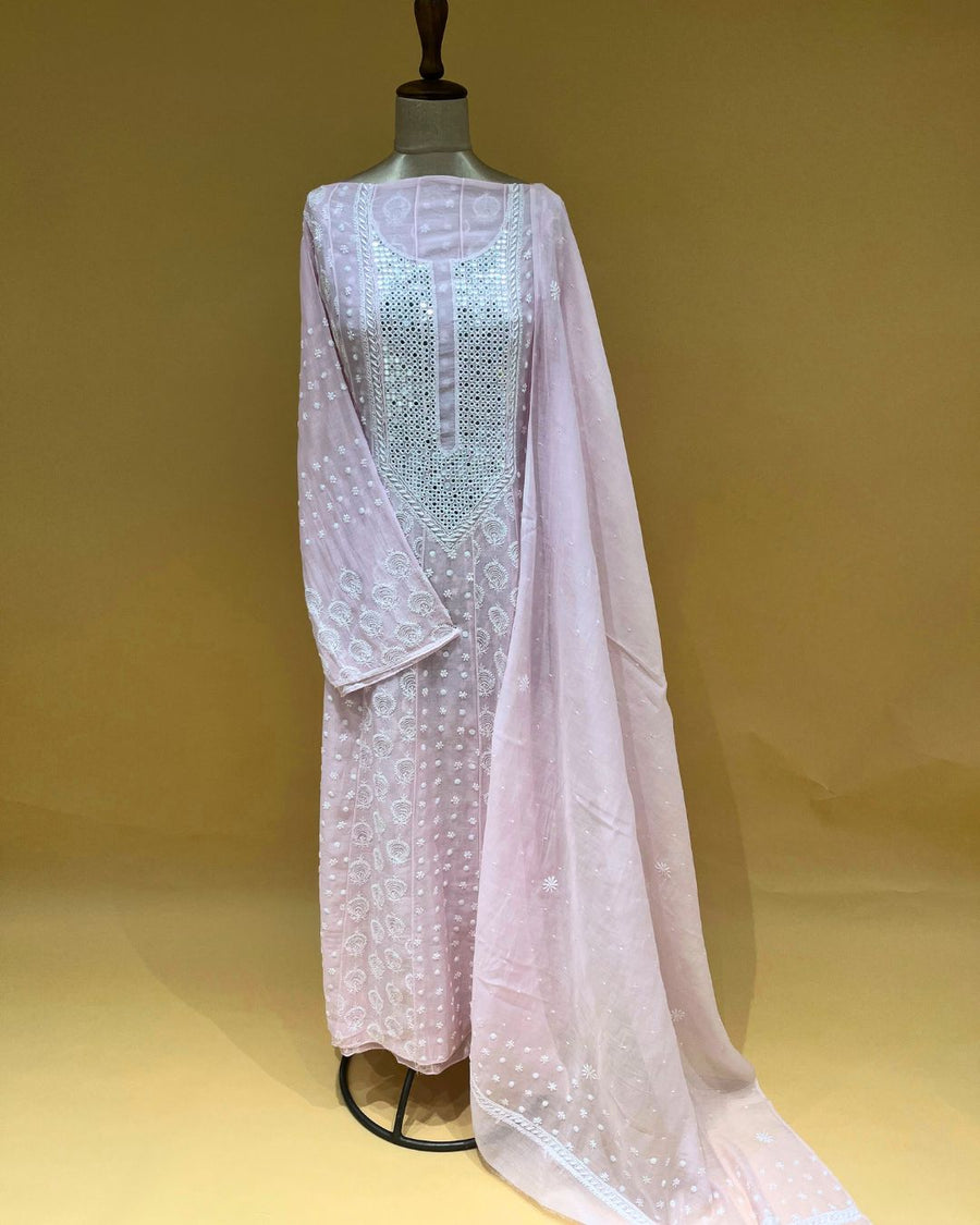 Mul Chikankari Unstitched Anarkali - Baby Pink