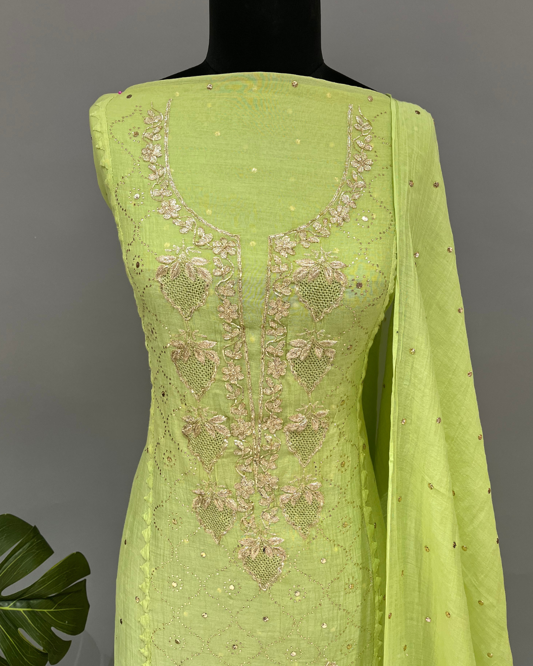 Mul Chanderi Muqaish Work Suit Set - Neon Green