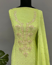 Mul Chanderi Muqaish Work Suit Set - Neon Green
