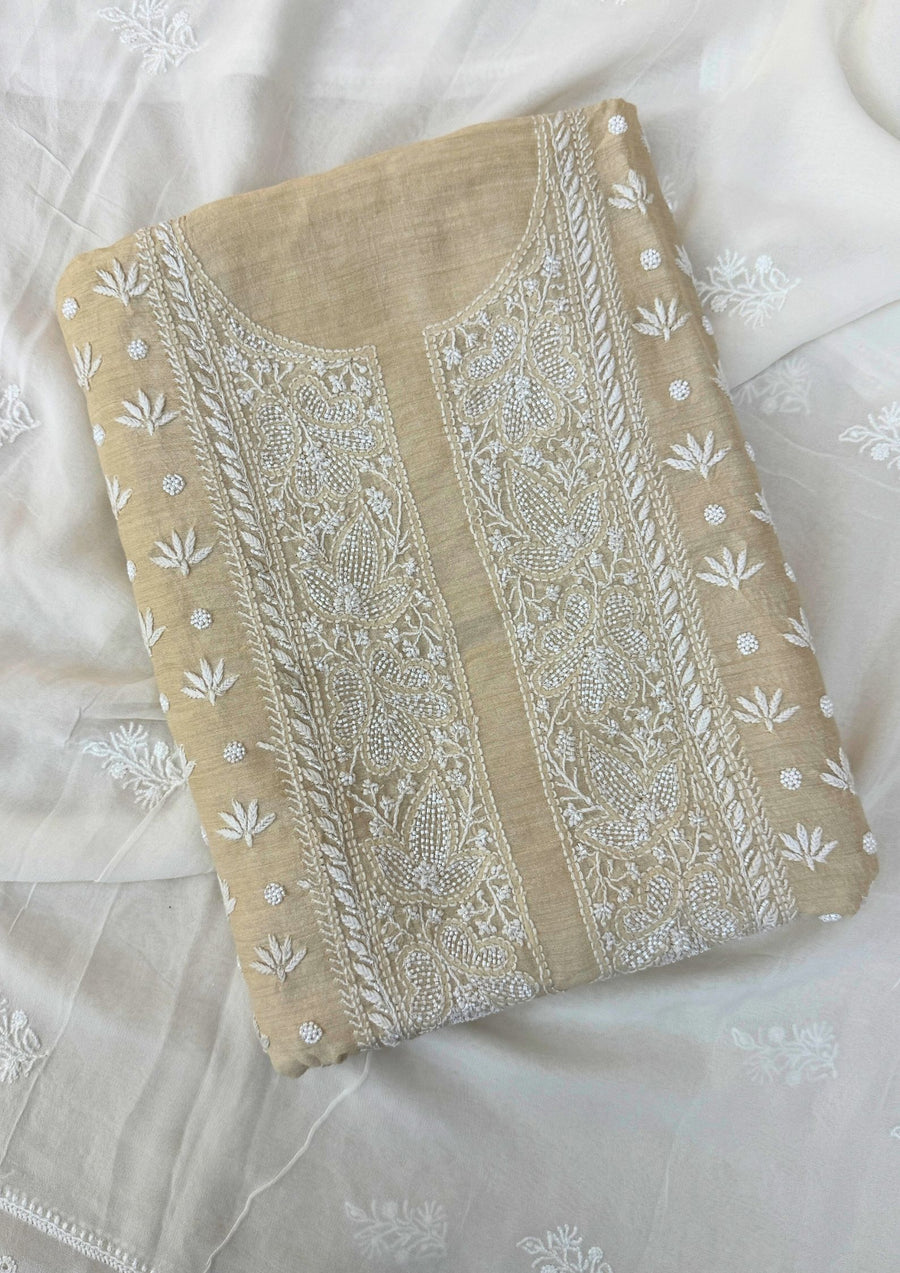 Moonga Silk Chikankari Men's Kurta - Beige
