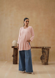 Muslin Chikankri Short kurti Jaal - Baby Pink