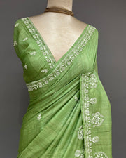 Tussar Silk Chikankari Saree - Limerick Green